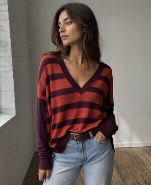 Derek Lam Denim Cashmere Blend Striped V Neck Sweater Oversized Medium
